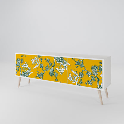 YELLOW CHINOISERIE 3-Door TV Stand in White Finish