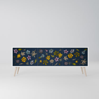 FLOWERS ON NAVY BLUE 3-Door TV Stand in White Finish