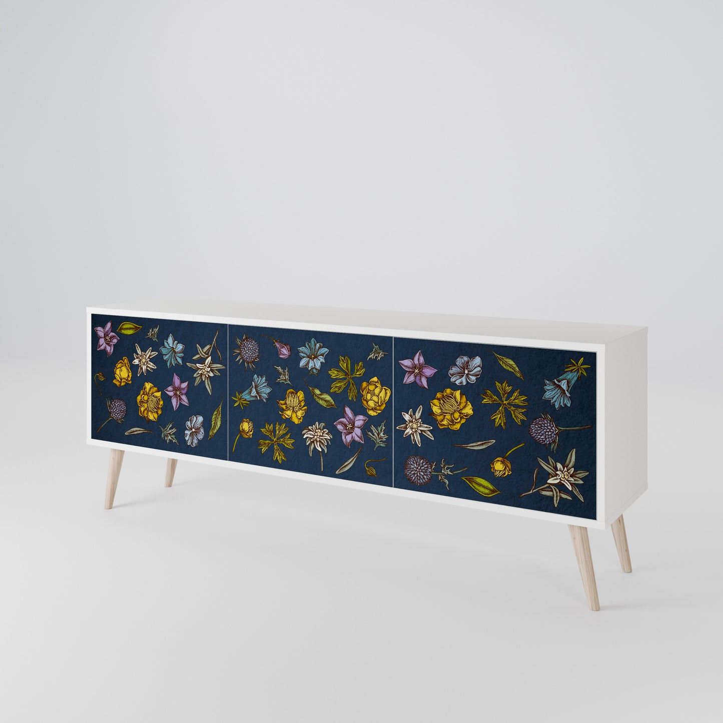 FLOWERS ON NAVY BLUE 3-Door TV Stand in White Finish