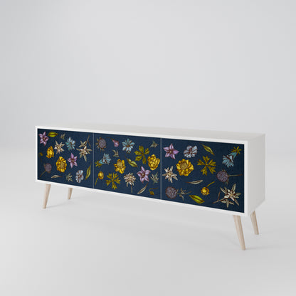 FLOWERS ON NAVY BLUE 3-Door TV Stand in White Finish