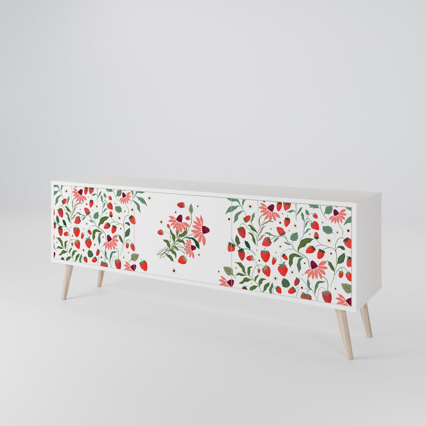 FLOWERS AND STRAWBERRIES 3-Door TV Stand in White Finish
