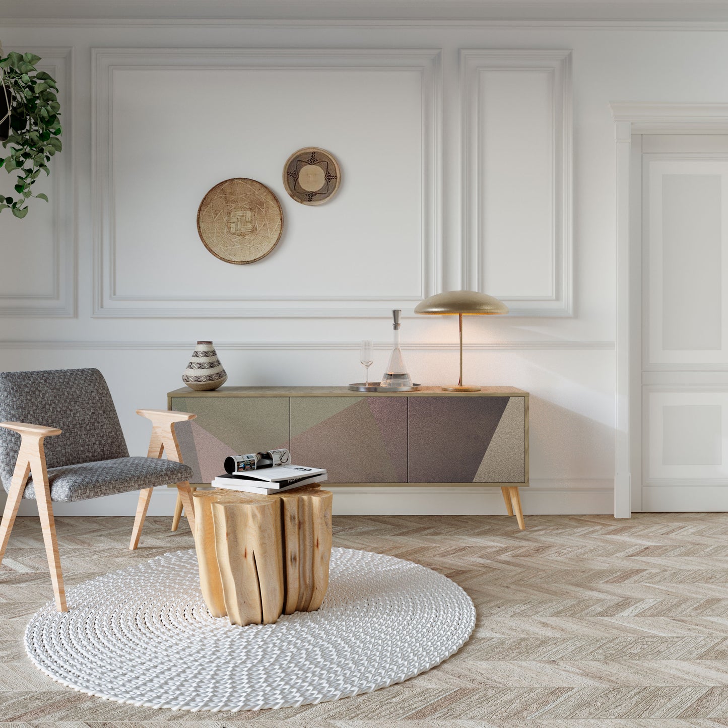 BEIGE GEOMETRY Mobile TV a 3 Ante in Effetto Rovere