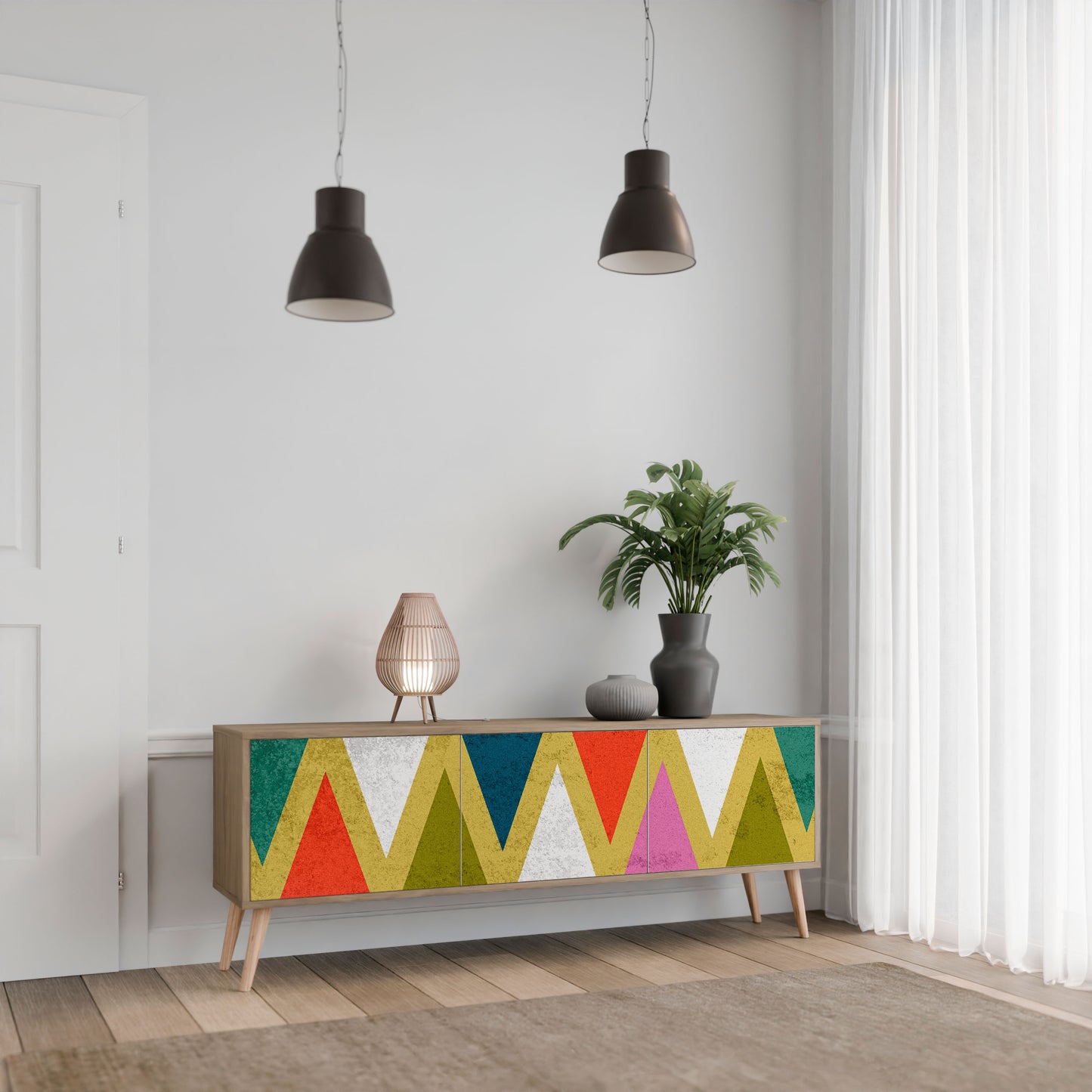 Mobile TV a 3 ante TRIANGOLI COLORATI in effetto rovere