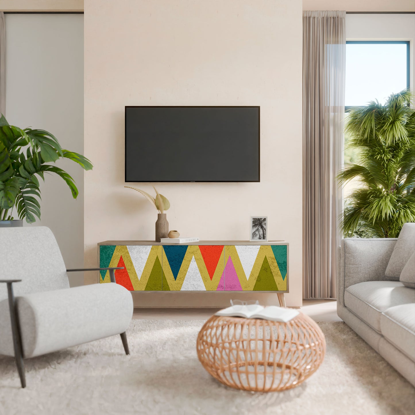 Mobile TV a 3 ante TRIANGOLI COLORATI in effetto rovere