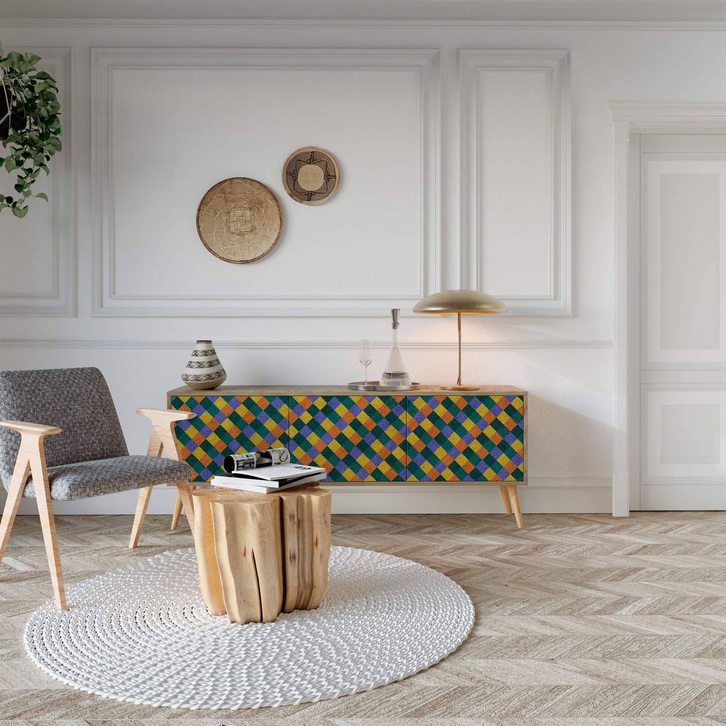 Mobile TV a 3 ante PAINTED SQUARES MIX in effetto rovere