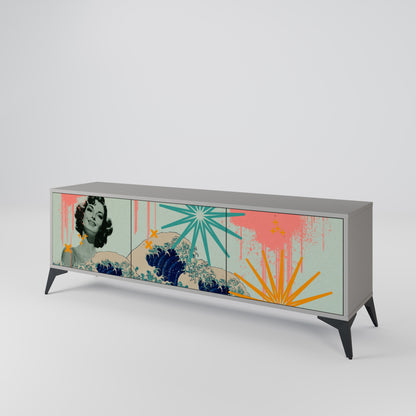 KANAGAWA BEAUTY 3-Door TV Stand in Grey Finish