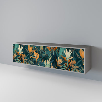 FLORAL SERENITY 3-Door TV Stand in Grey Finish