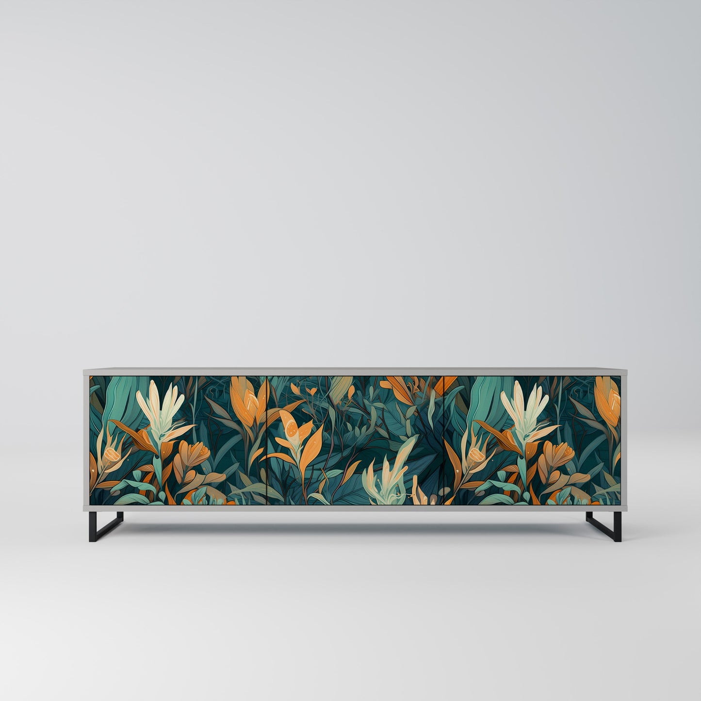FLORAL SERENITY 3-Door TV Stand in Grey Finish