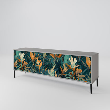 FLORAL SERENITY 3-Door TV Stand in Grey Finish