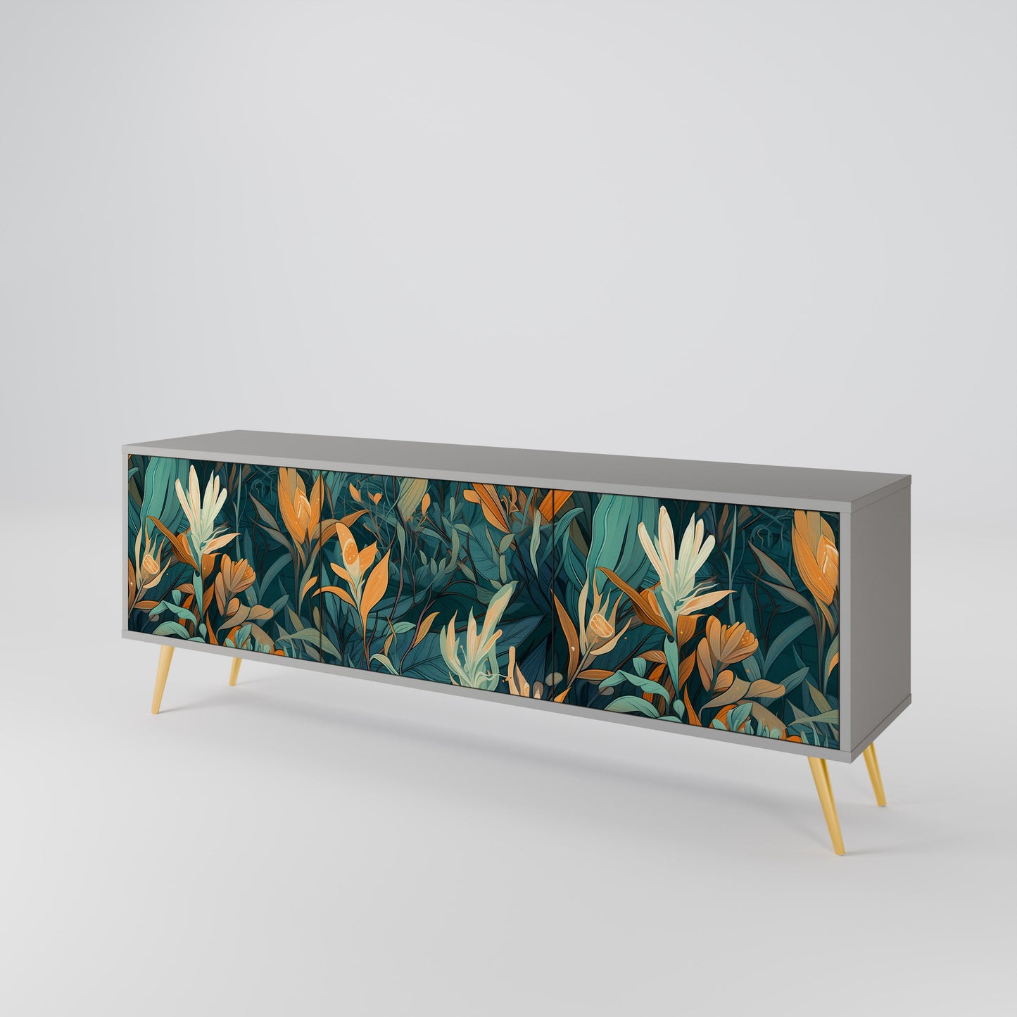 FLORAL SERENITY 3-Door TV Stand in Grey Finish