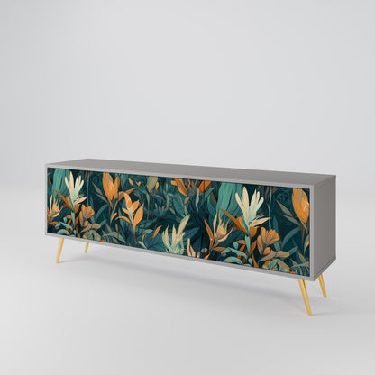 FLORAL SERENITY 3-Door TV Stand in Grey Finish