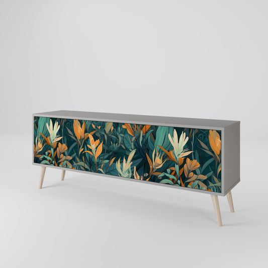FLORAL SERENITY 3-Door TV Stand in Grey Finish