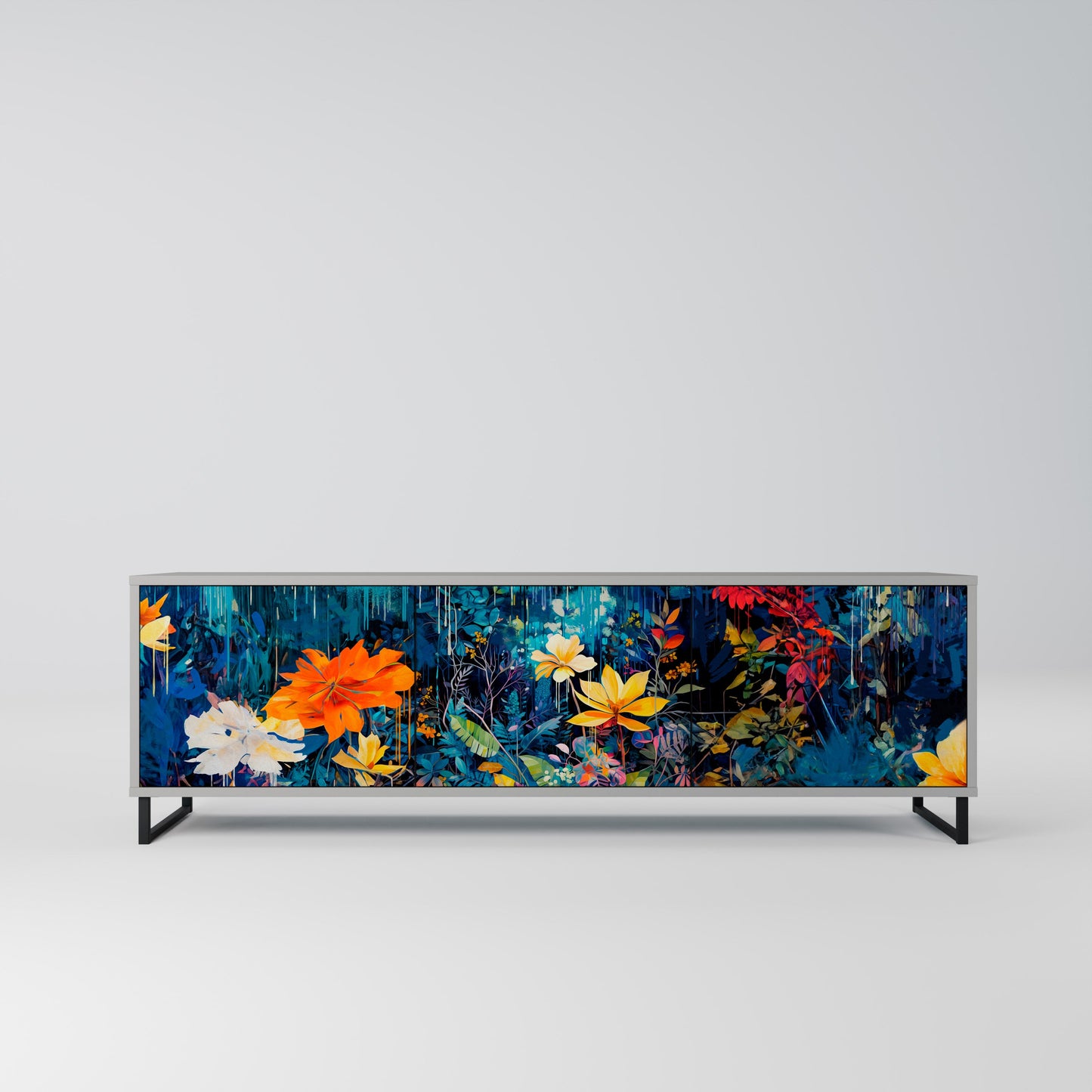 MIDNIGHT BLOSSOM 3-Door TV Stand in Grey Finish