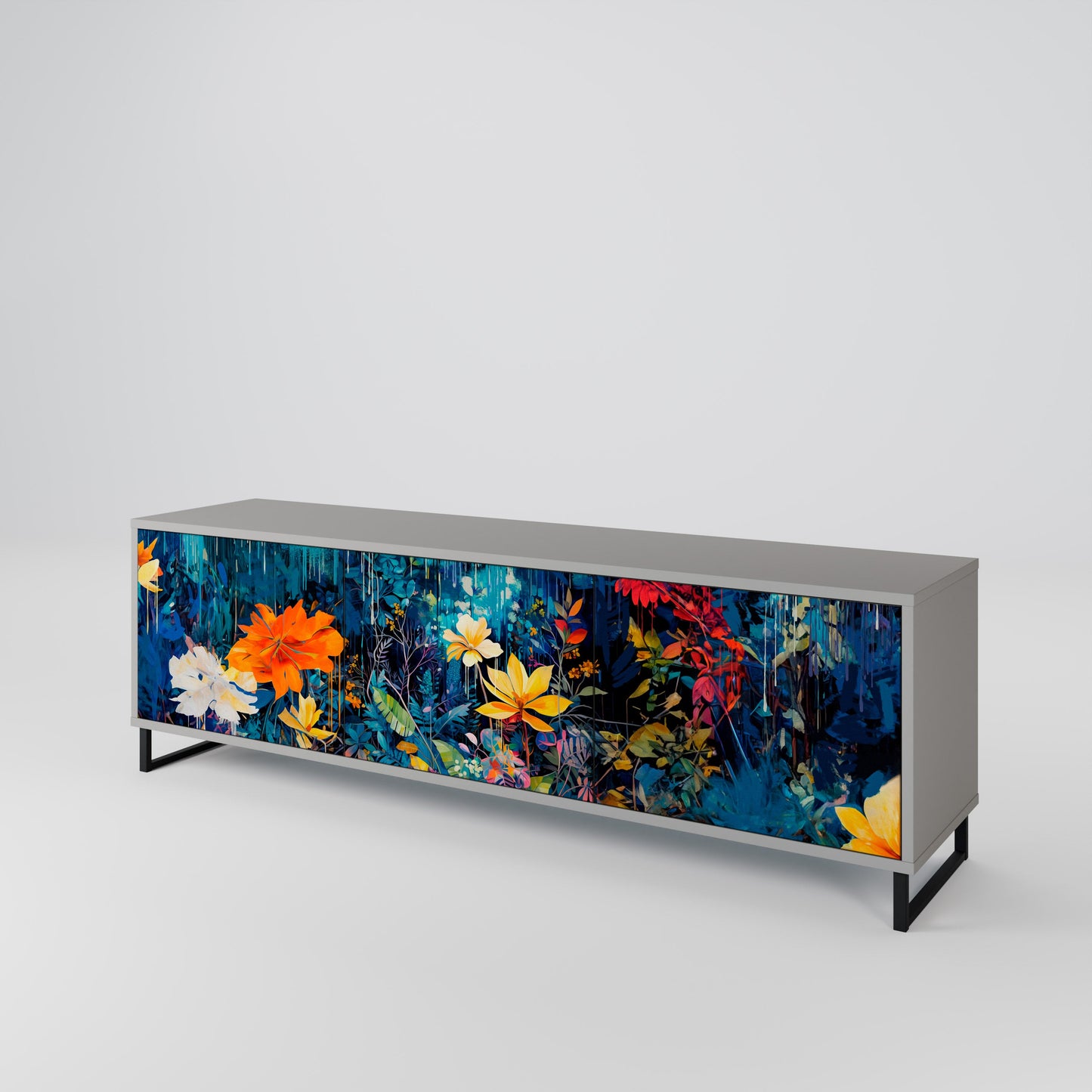 MIDNIGHT BLOSSOM 3-Door TV Stand in Grey Finish
