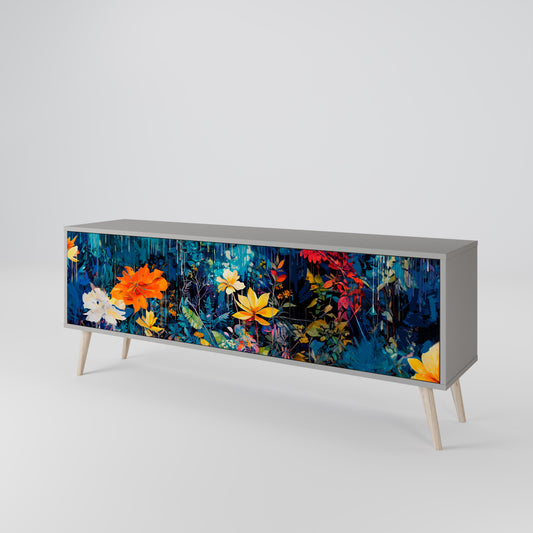 MIDNIGHT BLOSSOM 3-Door TV Stand in Grey Finish