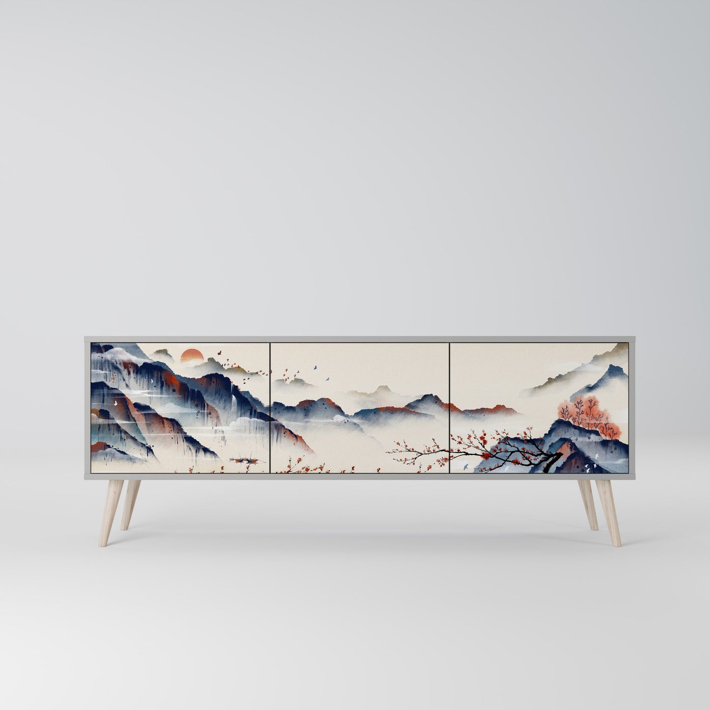 JAPANESE LANDSCAPE 3-Door TV Stand in Grey Finish