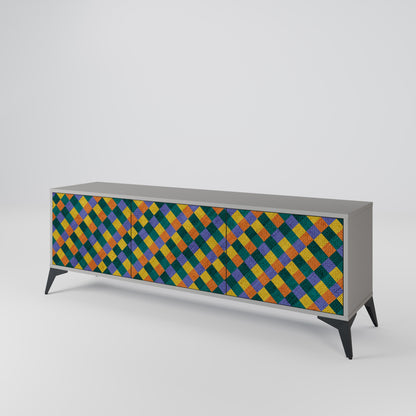PAINTED SQUARES MIX 3-Door TV Stand in Grey Finish
