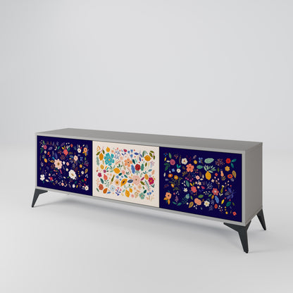 FLORAL COMBINATION 3-Door TV Stand in Grey Finish