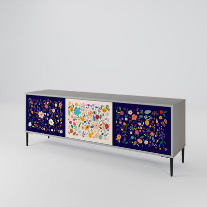 FLORAL COMBINATION 3-Door TV Stand in Grey Finish