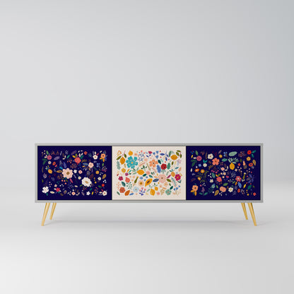 FLORAL COMBINATION 3-Door TV Stand in Grey Finish