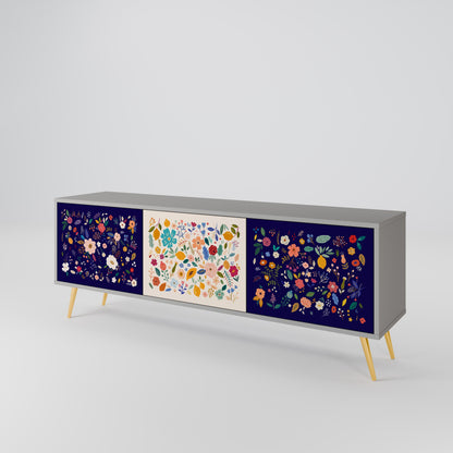 FLORAL COMBINATION 3-Door TV Stand in Grey Finish