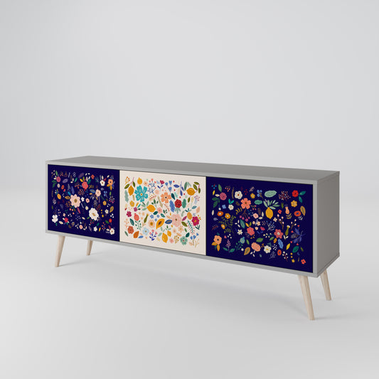 FLORAL COMBINATION 3-Door TV Stand in Grey Finish