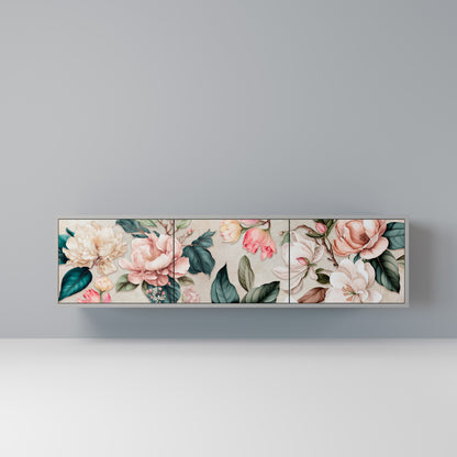 FLORAL GRACE 3-Door TV Stand in Grey Finish
