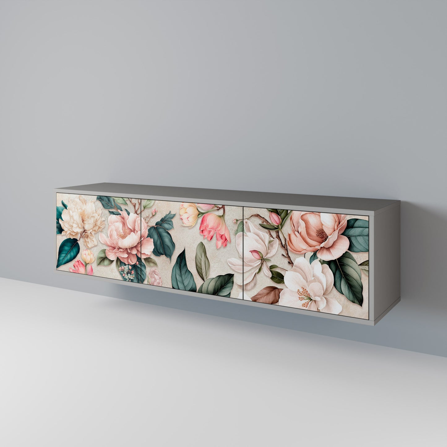 FLORAL GRACE 3-Door TV Stand in Grey Finish