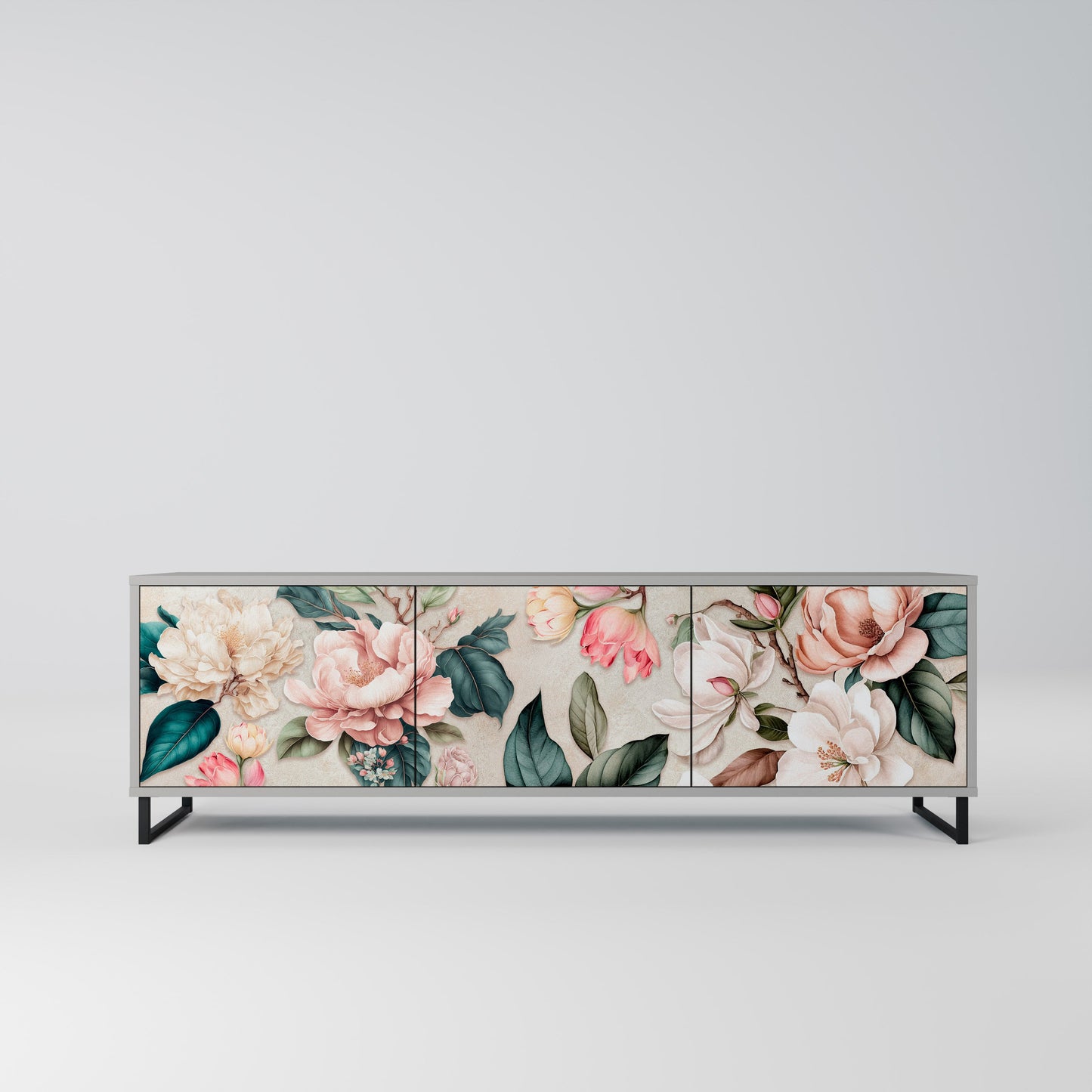 FLORAL GRACE 3-Door TV Stand in Grey Finish