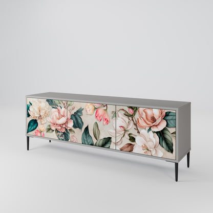 FLORAL GRACE 3-Door TV Stand in Grey Finish