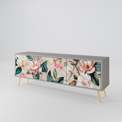 FLORAL GRACE 3-Door TV Stand in Grey Finish