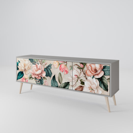 FLORAL GRACE 3-Door TV Stand in Grey Finish