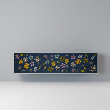 FLOWERS ON NAVY BLUE 3-Door TV Stand in Grey Finish