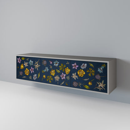 FLOWERS ON NAVY BLUE 3-Door TV Stand in Grey Finish