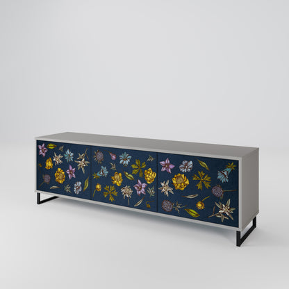 FLOWERS ON NAVY BLUE 3-Door TV Stand in Grey Finish