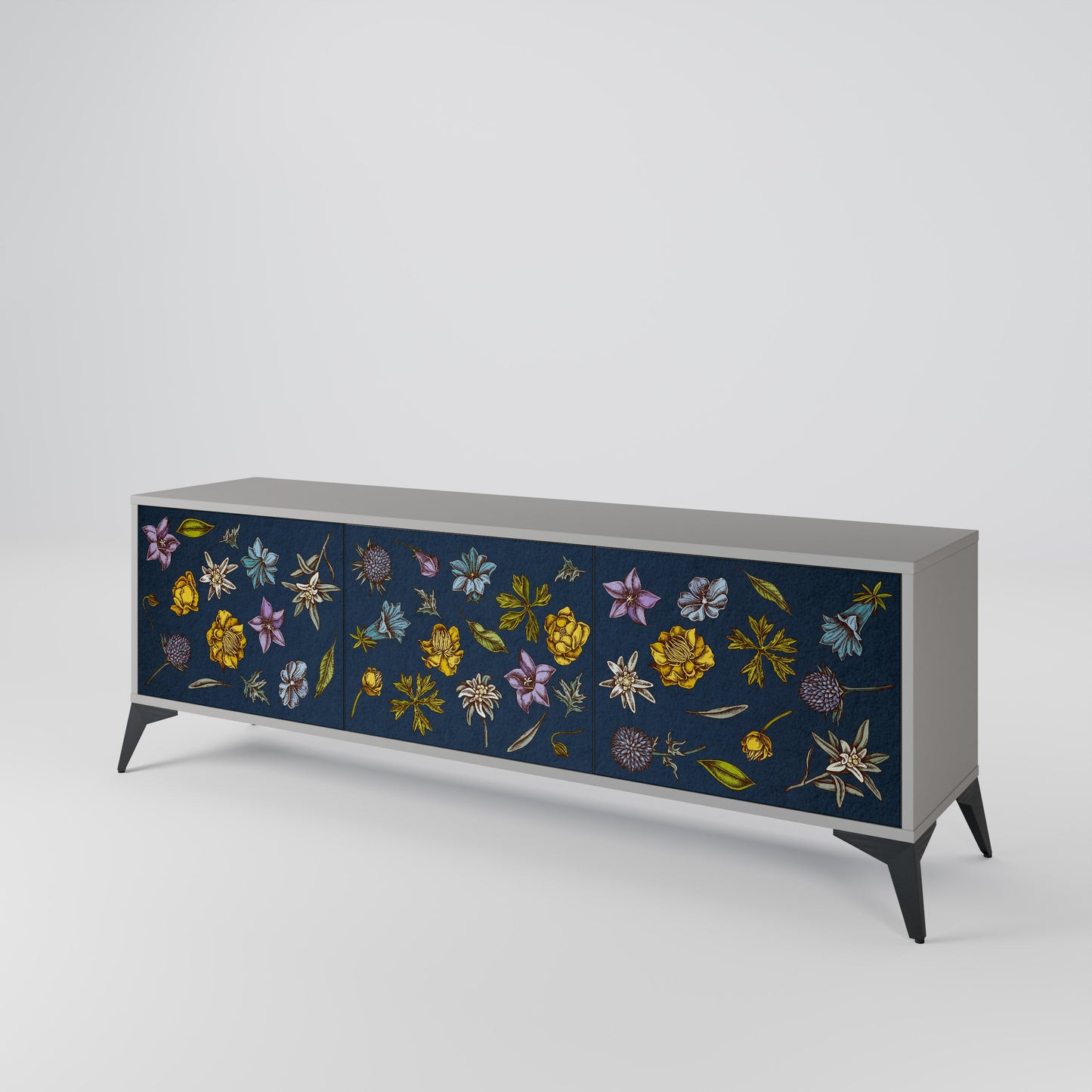 FLOWERS ON NAVY BLUE 3-Door TV Stand in Grey Finish