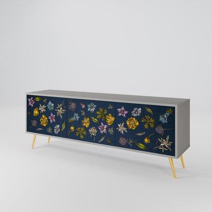 FLOWERS ON NAVY BLUE 3-Door TV Stand in Grey Finish