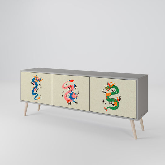MYTHOLOGICAL CREATURES 3-Door TV Stand in Grey Finish