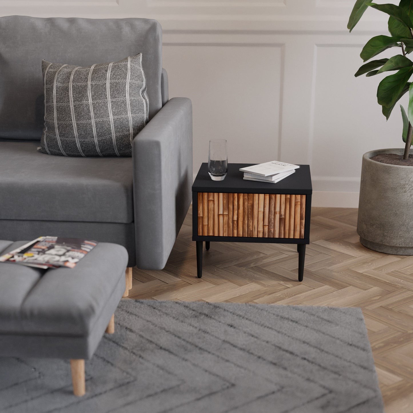 Comodino in LEGNO NATURALE con finitura nera