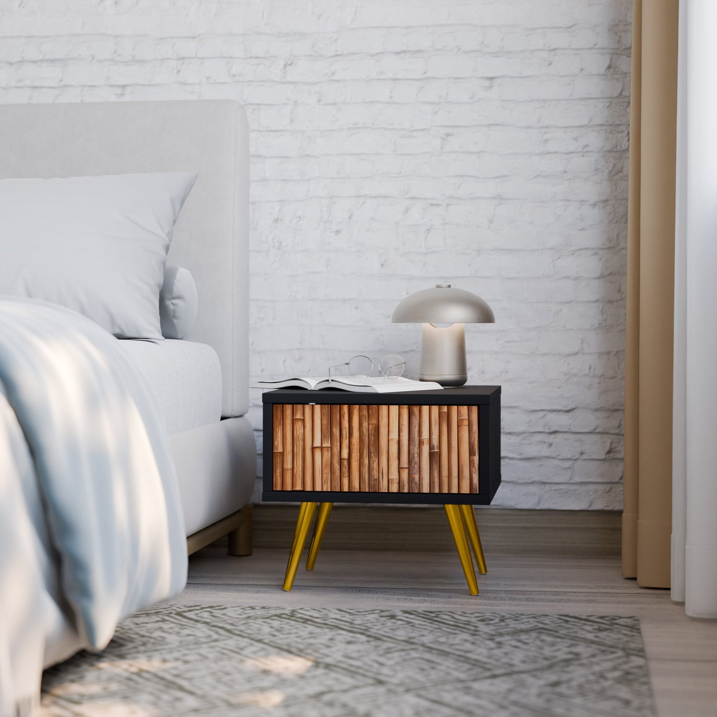 Comodino in LEGNO NATURALE con finitura nera