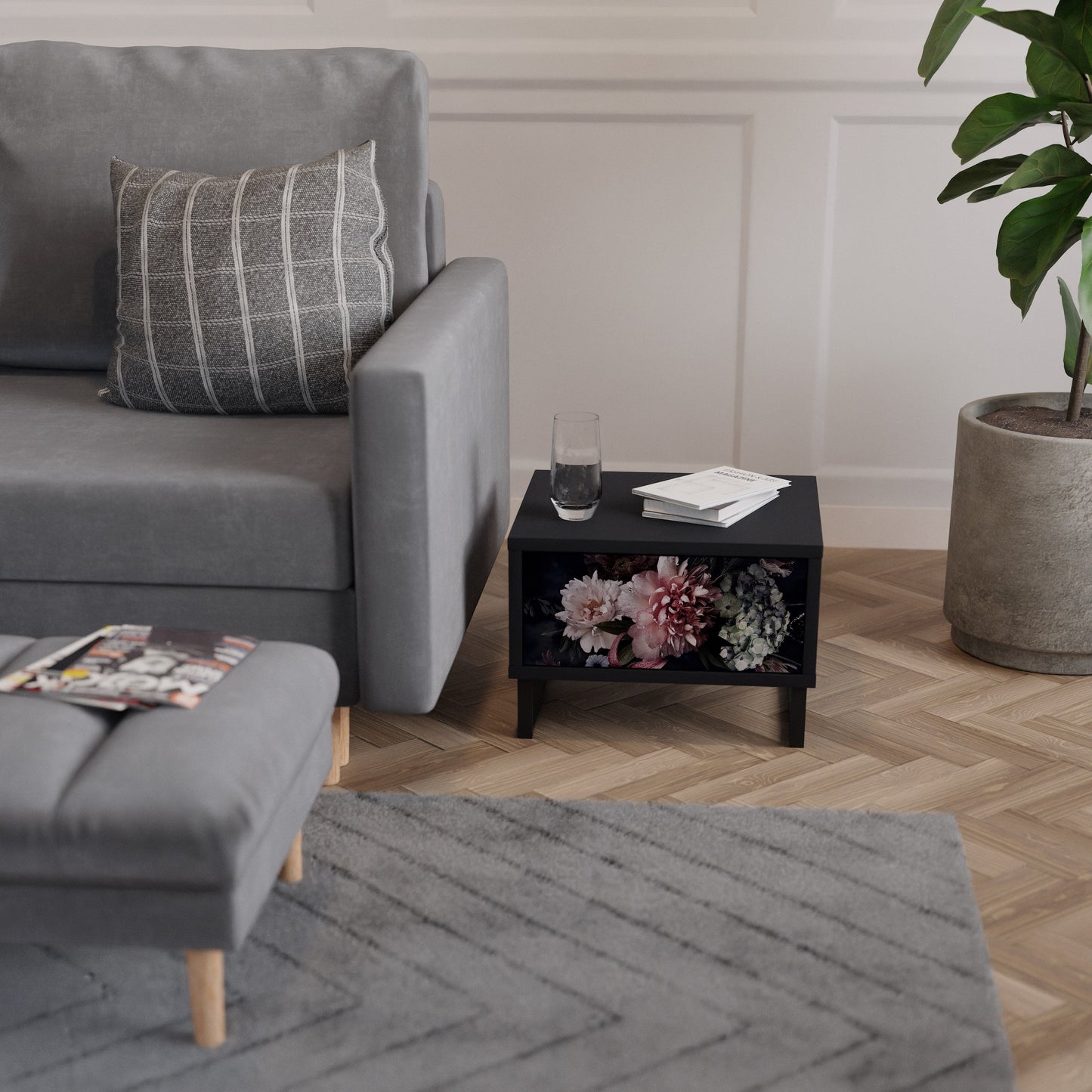 PURE BLOSSOM Nightstand in Black Finish