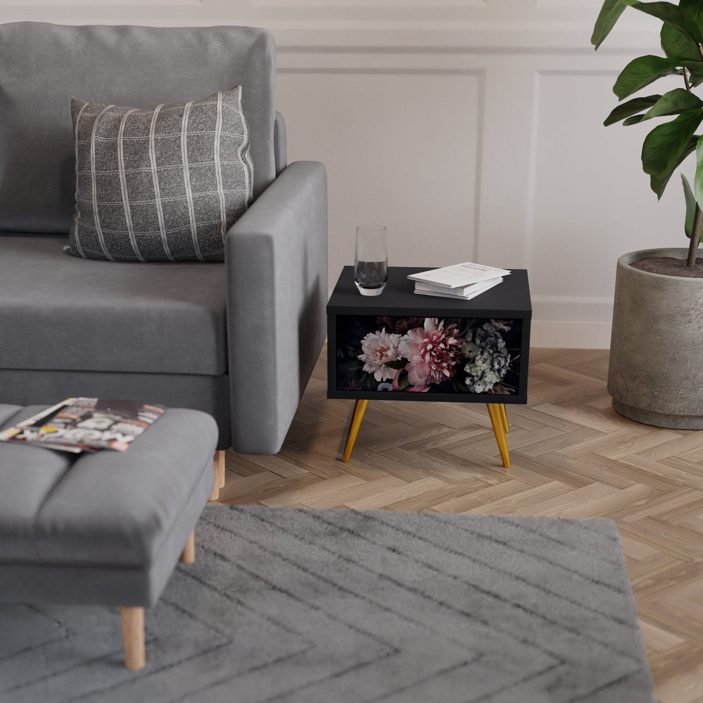 PURE BLOSSOM Nightstand in Black Finish