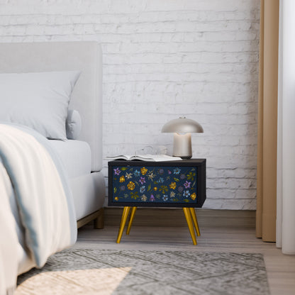 FLOWERS ON NAVY BLUE Nightstand in Black Finish