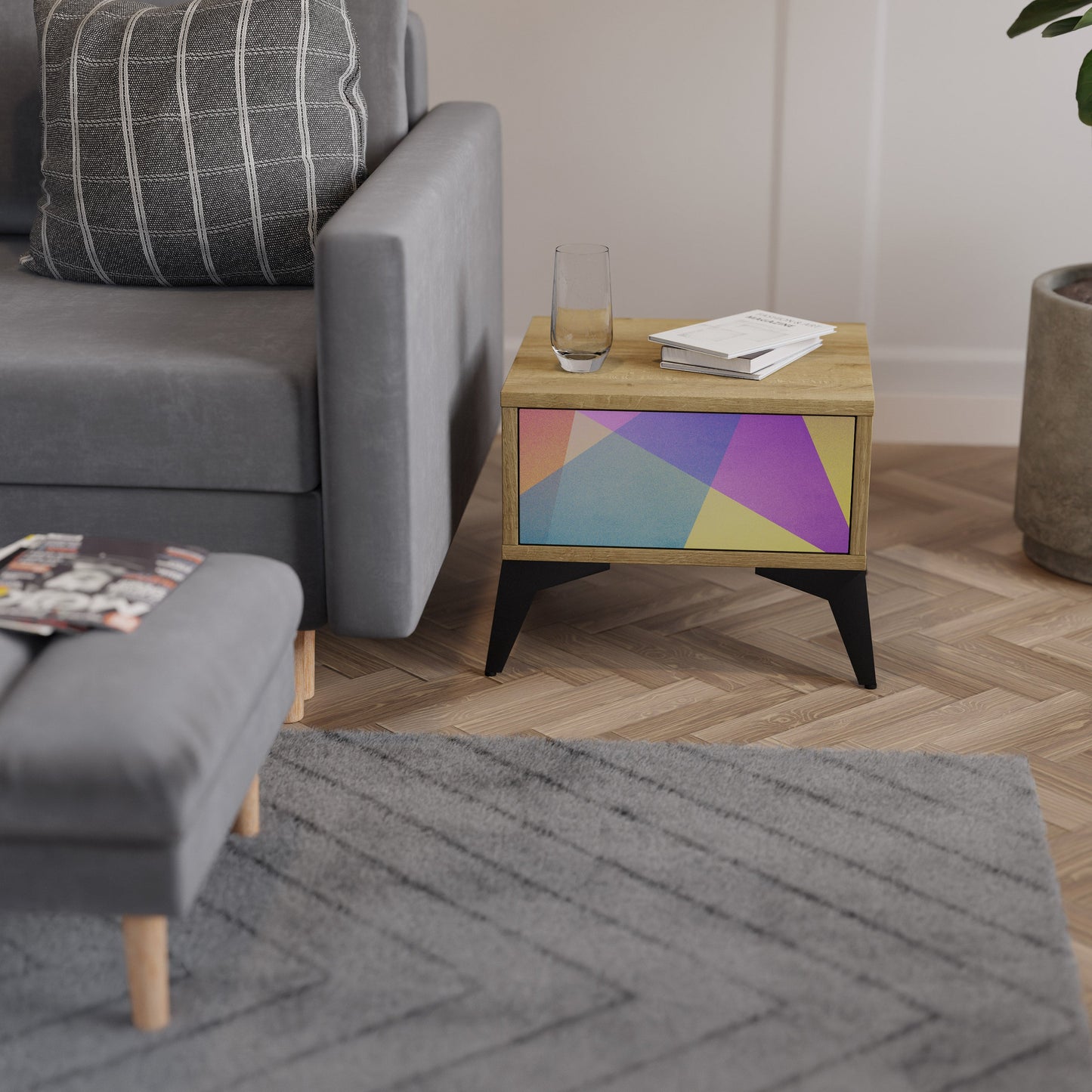 BRIGHT GEOMETRY Nightstand in Oak Effect