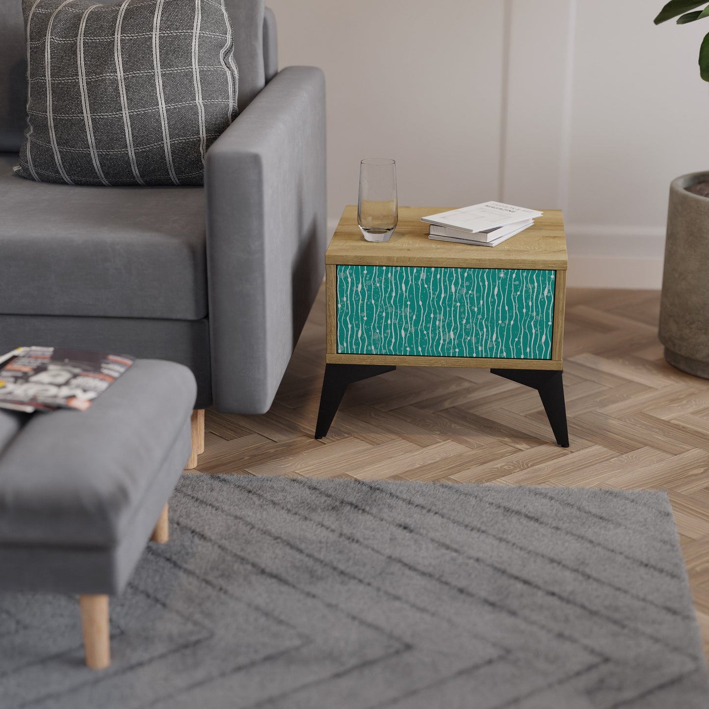 Comodino TURQUOISE RAIN in effetto rovere