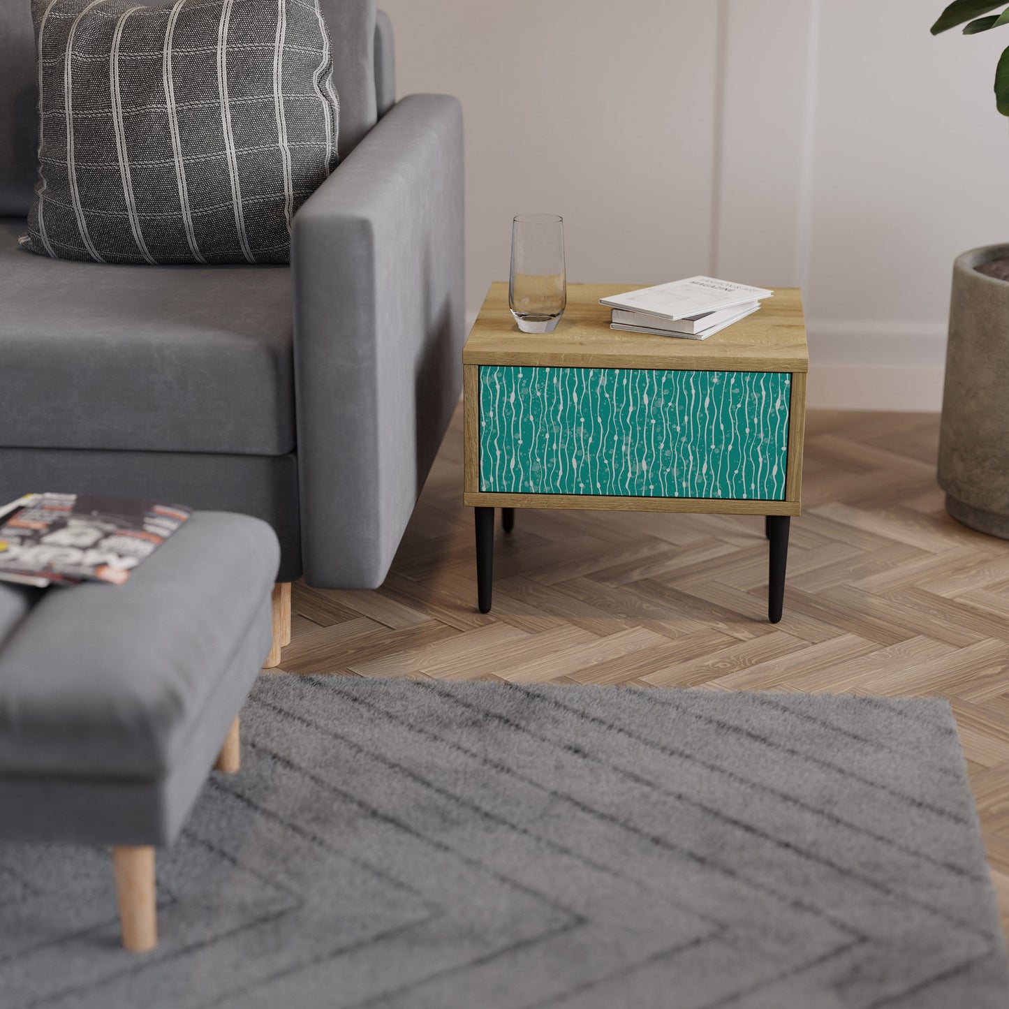 Comodino TURQUOISE RAIN in effetto rovere