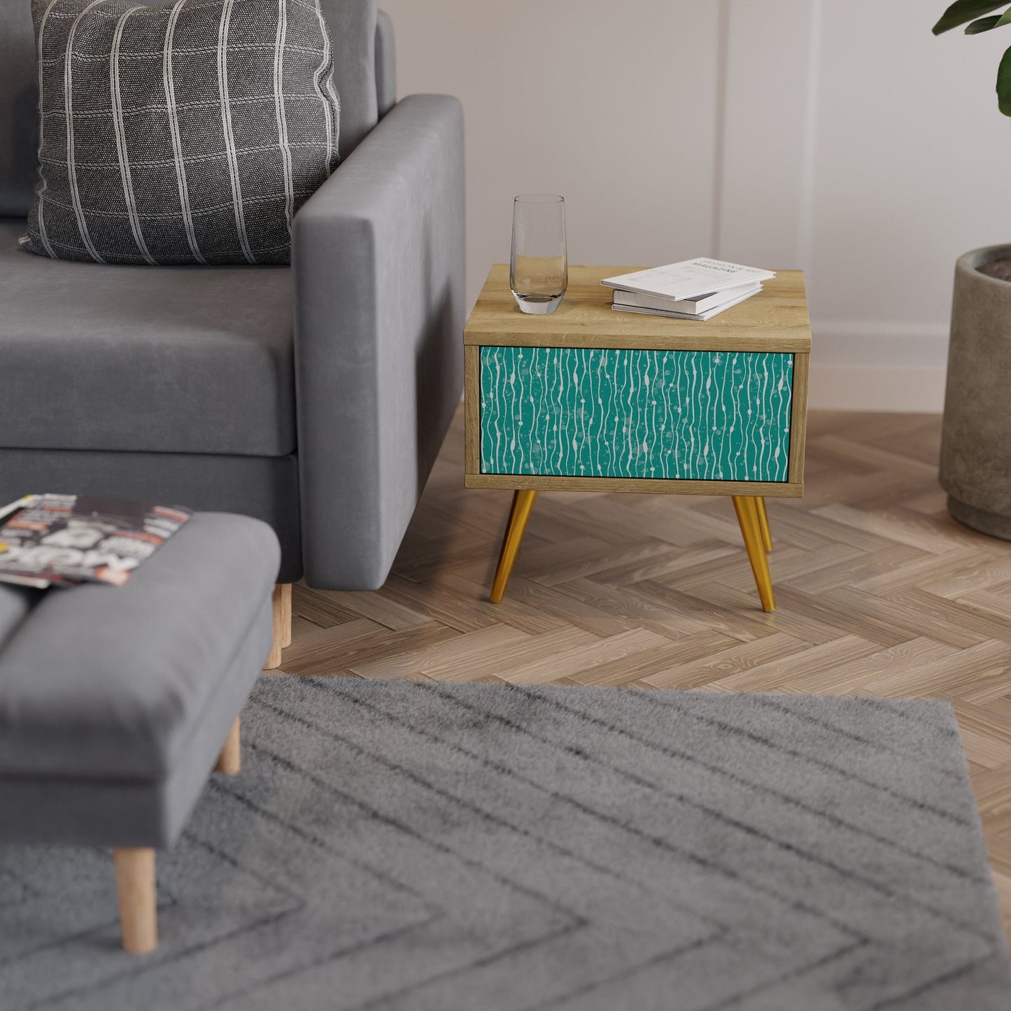 Comodino TURQUOISE RAIN in effetto rovere