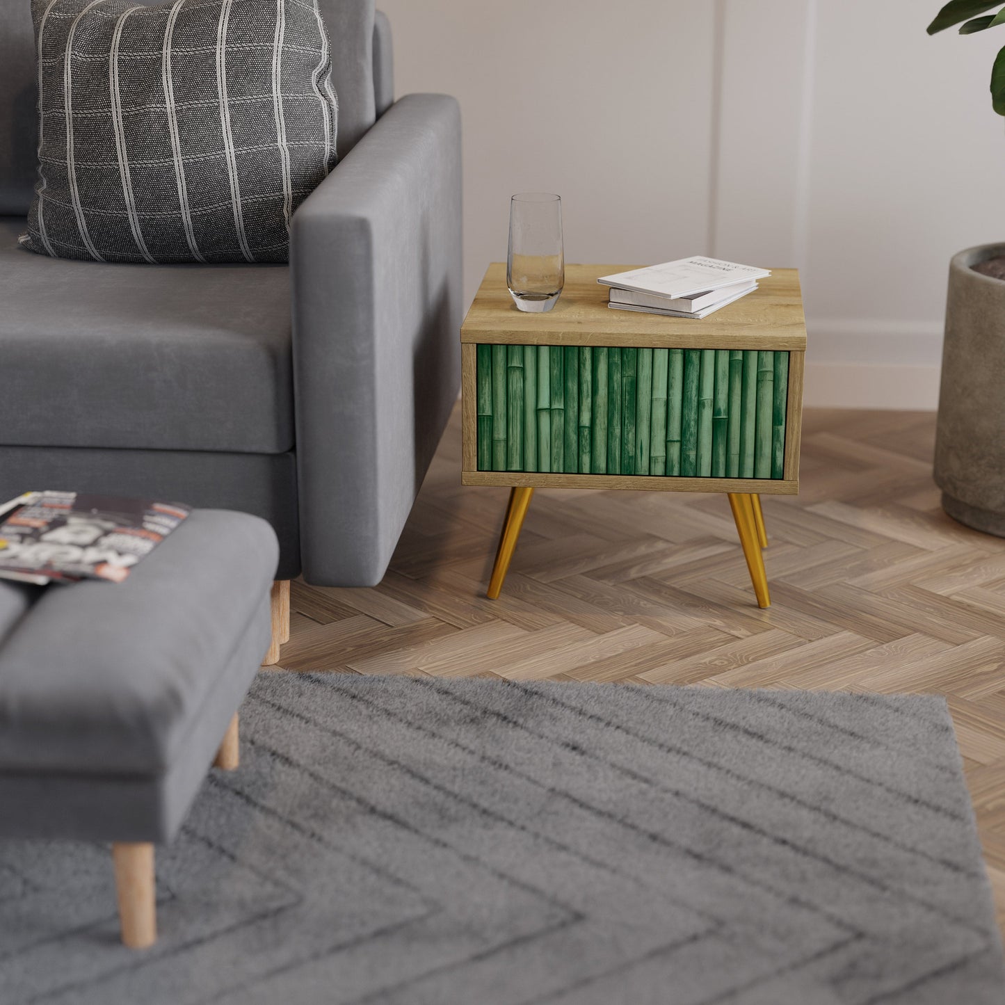 Comodino NATURAL GREEN in effetto rovere