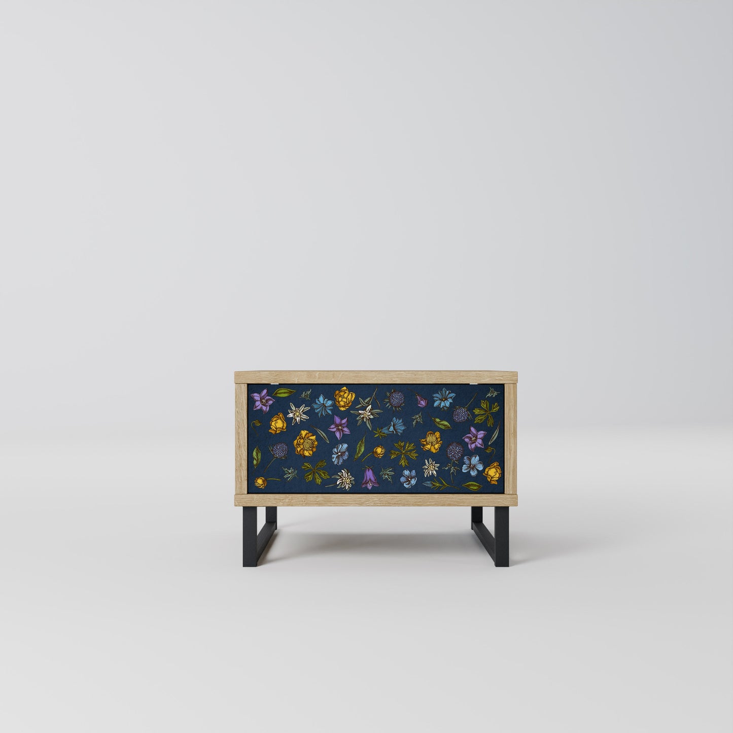 FLOWERS ON NAVY BLUE Nightstand in Oak Effect