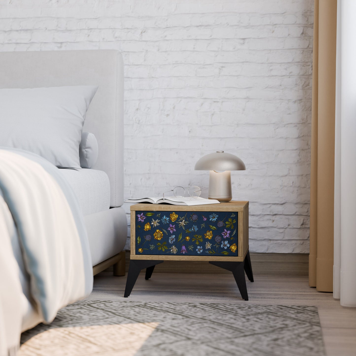 FLOWERS ON NAVY BLUE Nightstand in Oak Effect